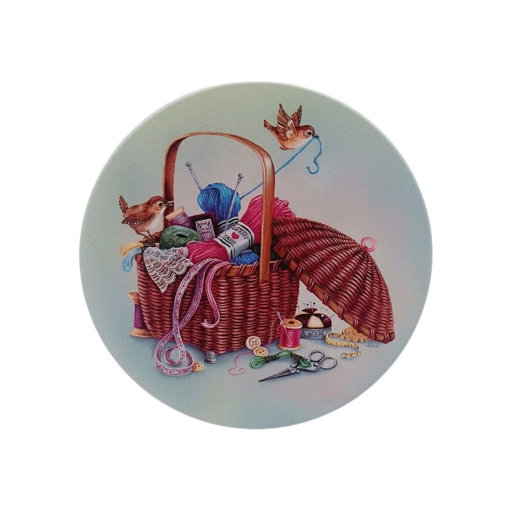 Vintage Sewing Tin Storage Round Sewing Basket Birds Kitschy 6in